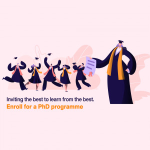 Illustration of graduating students and a professor promoting a PhD program.