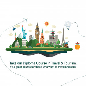 Illustration of world landmarks promoting a travel and tourism diploma course.