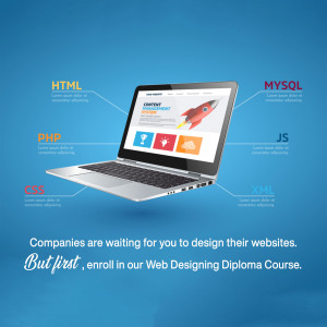 Laptop displaying a website design with coding languages and a rocket ship, promoting a web design course.