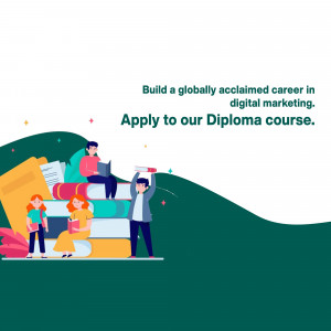 Illustration of people climbing a stack of books with text promoting a digital marketing diploma course.