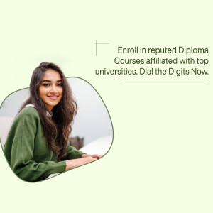Young woman using a laptop with text promoting diploma courses.