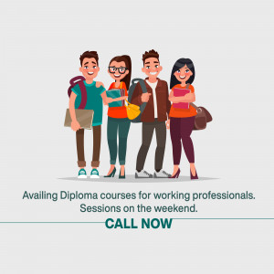 Group of students with books and bags promoting diploma courses