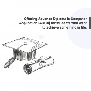 Illustration of a graduation cap and diploma scroll with text promoting an Advance Diploma in Computer Application.