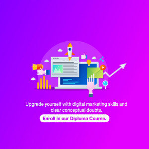 Illustration of a laptop with digital marketing icons and text promoting a diploma course.