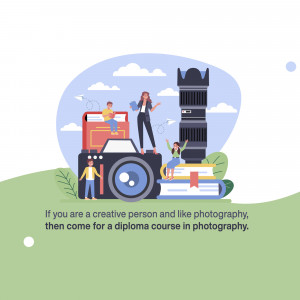 Illustration of people with photography equipment promoting a diploma course.