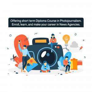Illustration promoting a short-term diploma course in photojournalism with a camera and people using devices.