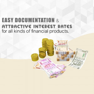 Image depicting stacks of money and coins with text promoting easy documentation and attractive interest rates for financial products.