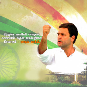 Image of Rahul Gandhi raising a fist with the Indian flag and Ashoka Chakra in the background.