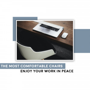 Laptop and mouse on a wooden desk with a comfortable chair