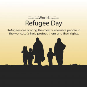 Silhouette of a refugee family against a sunset background with the text 'World Refugee Day'