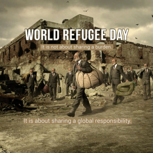 Image depicting men in suits carrying belongings through a war-torn landscape, promoting World Refugee Day.