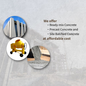 Image showcasing concrete mixing and building construction with text offering concrete solutions.