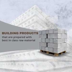 Stack of concrete blocks on a pallet with building products text overlay