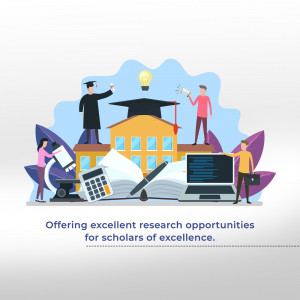 Illustration depicting students and research tools with the text 'Offering excellent research opportunities for scholars of excellence.'