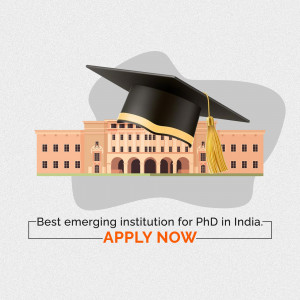 Graduation cap over a university building with text promoting PhD applications.