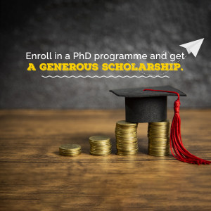 Image depicting a graduation cap on a stack of coins with text promoting a PhD scholarship.