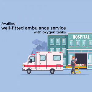 Illustration of an ambulance outside a hospital with a patient being transferred.