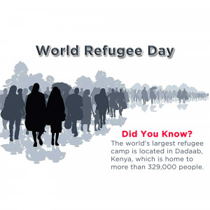 Silhouette of refugees with World Refugee Day text and a fact about Dadaab refugee camp.