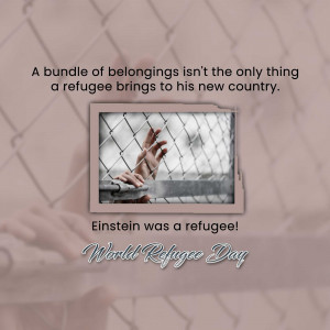 Image depicting a hand reaching through a fence with a quote about refugees and Einstein.