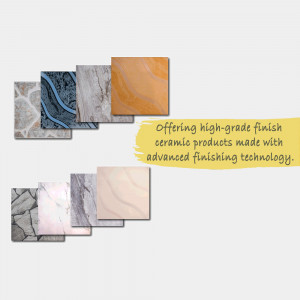 Assortment of ceramic tile samples with text promoting high-grade finishes.