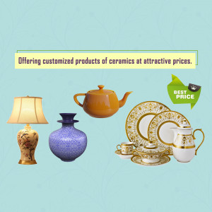 Assortment of customized ceramic products including lamps, teapots, vases, and dinnerware.