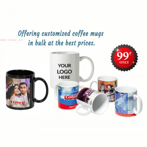Assortment of customized coffee mugs with various designs and a price tag.