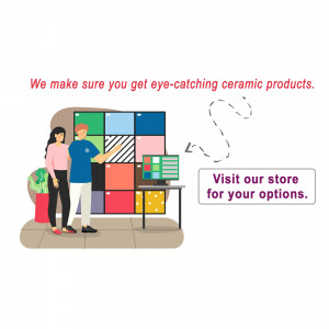 A man and woman looking at a display of colorful ceramic tiles in a store.