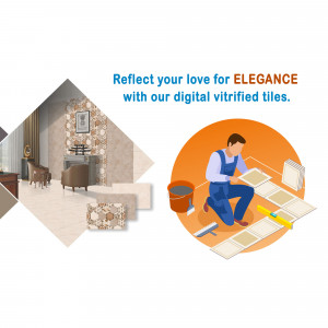 Image of digital vitrified tiles with a worker installing them and showcasing various tile designs.