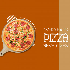 A delicious pepperoni pizza on a wooden board with a playful text overlay.