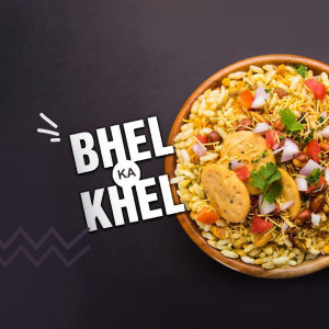 Close-up of a bowl of Bhel Puri, a popular Indian snack, with the text 'Bhel Ka Khel' beside it.