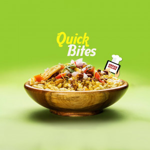 A wooden bowl filled with a colorful mix of Indian street food called 'Quick Bites', with a chef illustration and online ordering information.