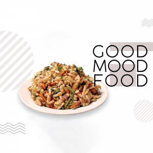 A plate of flavorful fried rice with vegetables and text 'Good Mood Food'