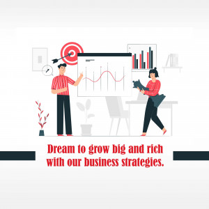 Illustration of a man presenting to a woman with a target and charts in the background.