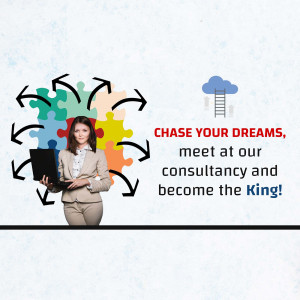 Woman with laptop and puzzle pieces representing business consulting and achieving goals.