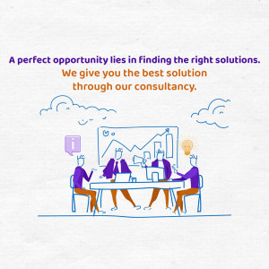 Illustration of a business team in a meeting discussing solutions.