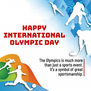 Image celebrating International Olympic Day with silhouettes of athletes and Olympic rings.