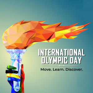 Low poly Olympic torch with text 'International Olympic Day'