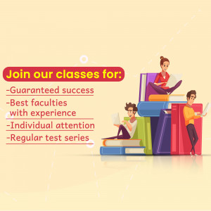 Illustration of students studying with books stacked high, promoting educational classes.