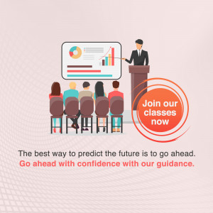 A man presenting a business report to a group of people in a classroom setting.