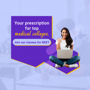 A young woman with a laptop promoting NEET classes for medical college admissions.