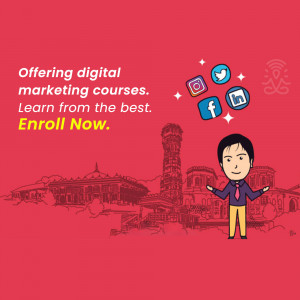Illustration of a man promoting digital marketing courses with social media icons and a cityscape background.