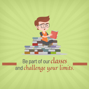 Cartoon illustration of a boy reading a book while sitting on a stack of books.
