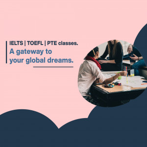 Students studying for IELTS, TOEFL, or PTE exams in a classroom setting.