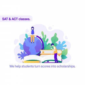 Illustration of students studying with a globe and open book, promoting SAT and ACT classes.