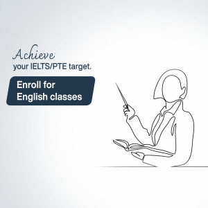 Line art illustration of a teacher with text promoting IELTS/PTE preparation classes.