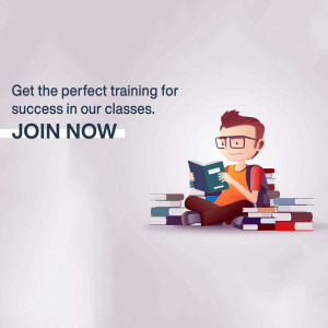 Illustration of a student reading with a stack of books, promoting training classes.
