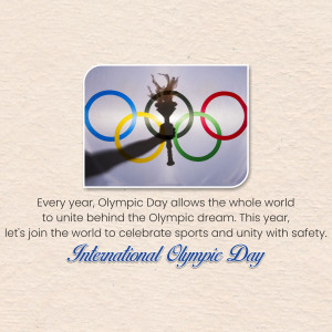 Olympic rings and flame with text celebrating International Olympic Day