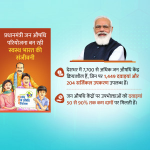 Image of Prime Minister Modi promoting the Pradhan Mantri Jan Aushadhi Yojana with a family and information about the scheme.