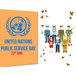 Illustration for United Nations Public Service Day featuring diverse public servants and the UN emblem.