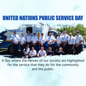 Group photo of emergency responders with an ambulance on United Nations Public Service Day.